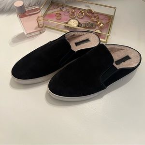 Vince black suede mules.